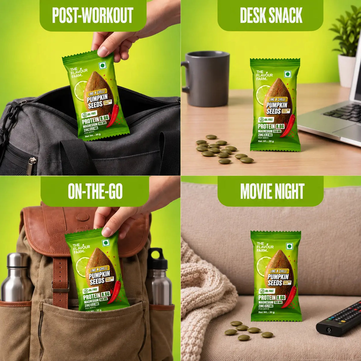 Lime Chilli pumpkin seeds 30g pack - healthy snack for post-workout, desk, on-the-go and movie night
