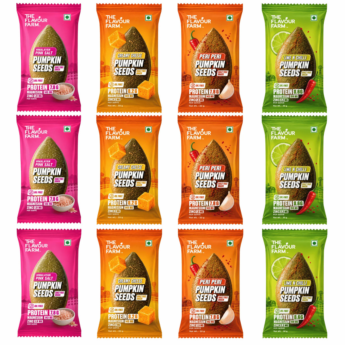 Spicy Cheese Blast - flavoured pumpkin seeds combo of 12 x 30g: Himalayan Pink Salt, Creamy Cheese, Peri Peri and Lime Chilli oil-free roasted pumpkin seeds by The Flavour Farm