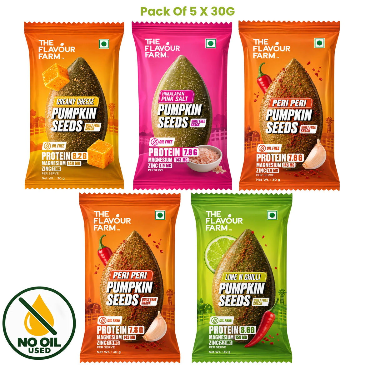 Flavoured pumpkin seeds combo pack of 5 x 30g - Creamy Cheese, Himalayan Pink Salt, Peri Peri and Lime Chilli oil-free roasted pumpkin seeds by The Flavour Farm