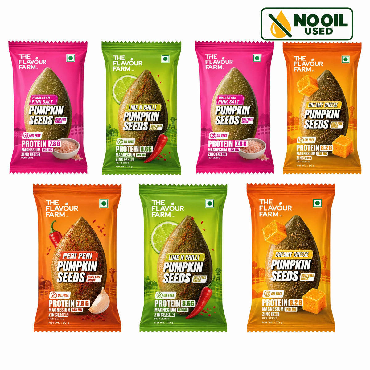 Flavoured Pumpkin Seeds Family Pack 7 x 30g – Oil-Free Snack Box