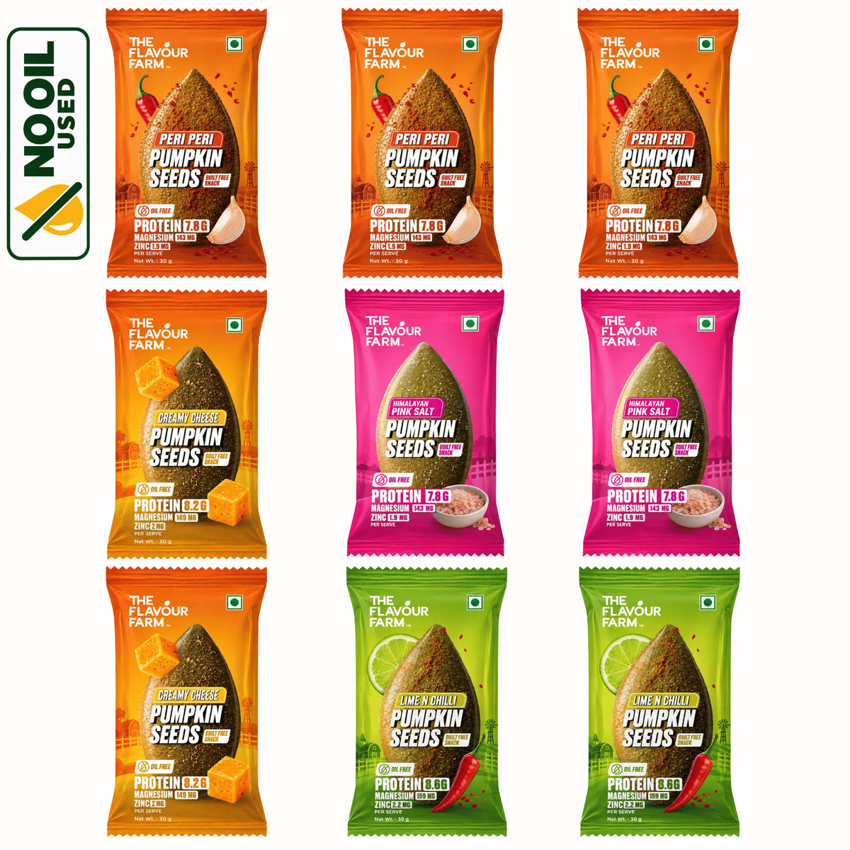 Ultimate Party Pack - flavoured pumpkin seeds combo of 9 x 30g: Peri Peri, Creamy Cheese, Himalayan Pink Salt and Lime Chilli oil-free roasted pumpkin seeds by The Flavour Farm