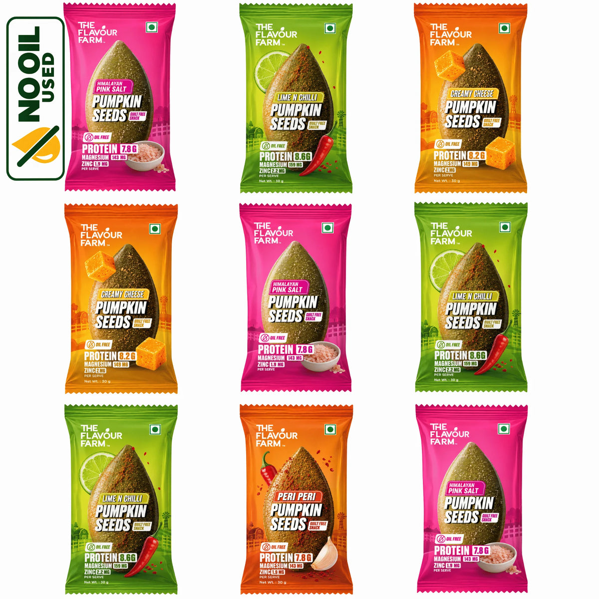 Flavoured pumpkin seeds combo pack of 9 x 30g - Himalayan Pink Salt, Lime Chilli, Creamy Cheese and Peri Peri oil-free roasted pumpkin seeds by The Flavour Farm