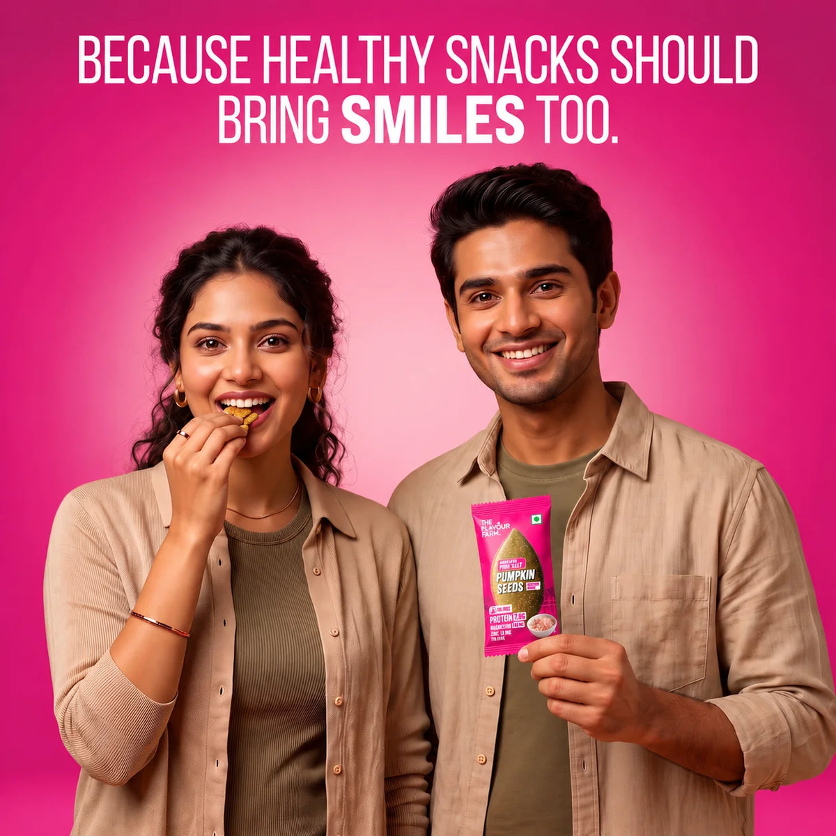 Couple enjoying Himalayan Pink Salt roasted pumpkin seeds - healthy snack by The Flavour Farm