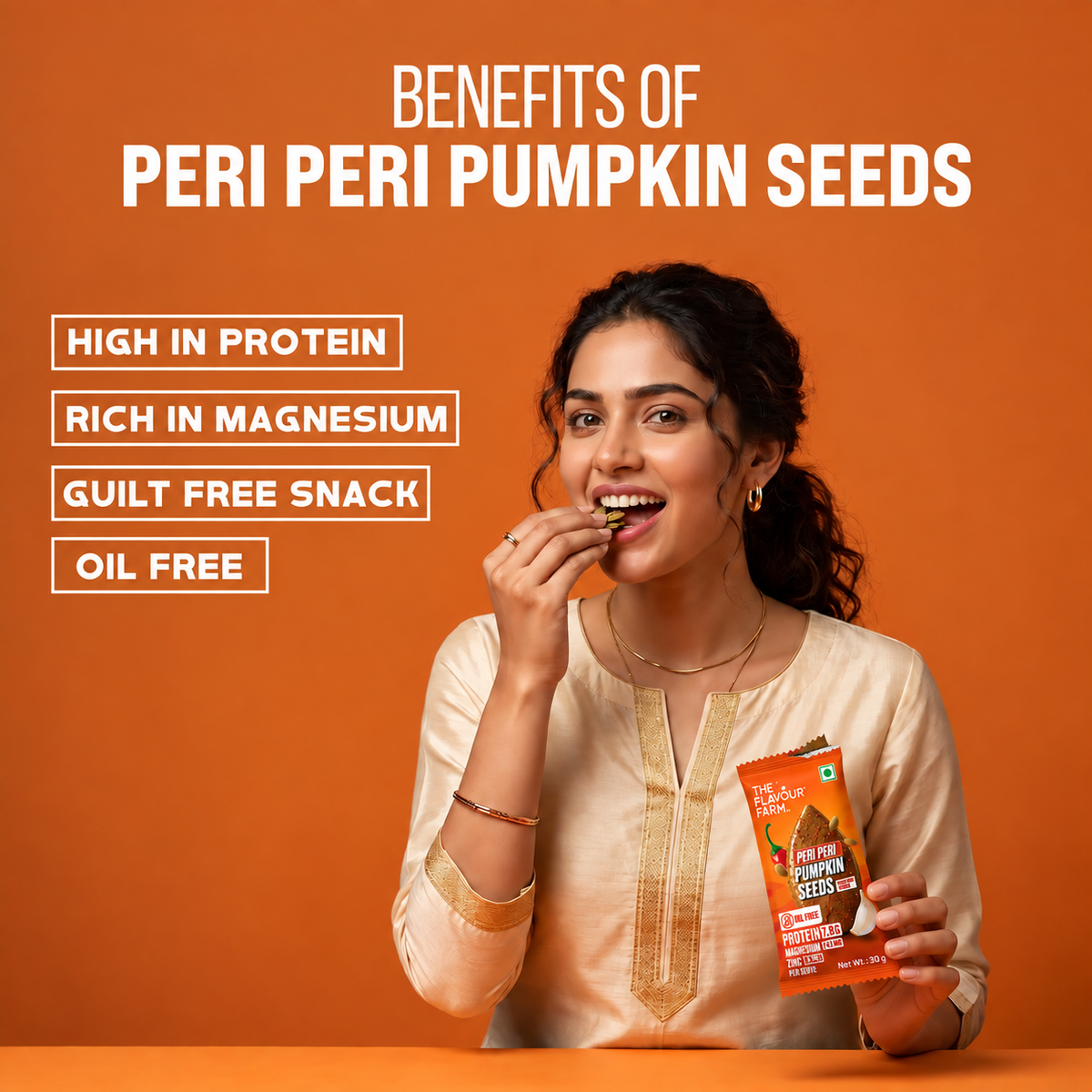 Benefits of Peri Peri pumpkin seeds - high protein, rich in magnesium, oil-free roasted seeds