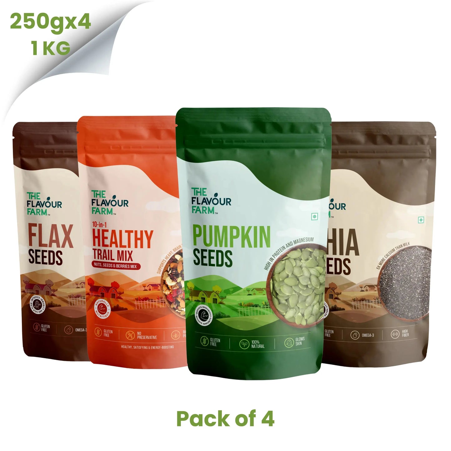 The Flavour Farm Fitness Nutrition Combo | Chia Seeds, Flax Seeds, Pumpkin Seeds & Trail Mix | 250g x 4